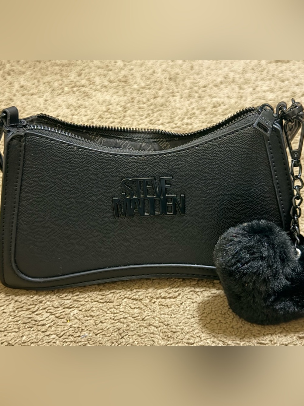 Steve Madden Black Faux Leather Mini Crossbody with Pom Pom Charm